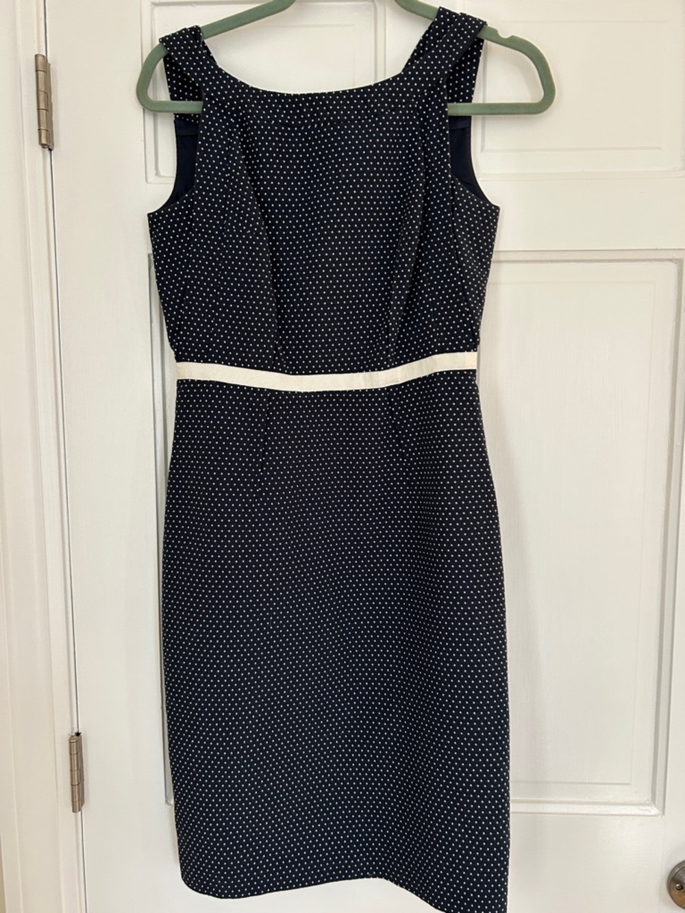 David Meister Classic Navy Polka Dot Sheath Dress with Contrast Waist